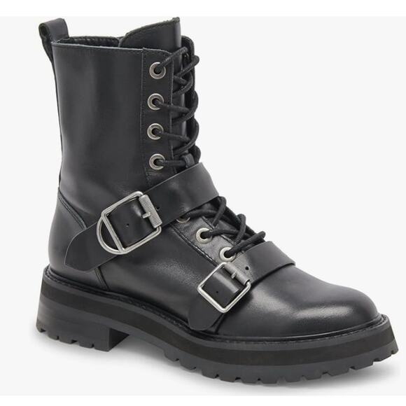 Dolce Vita Black Leather Ronson Lace Up Buckle Lug Sole Boots 6.5 - Picture 1 of 10